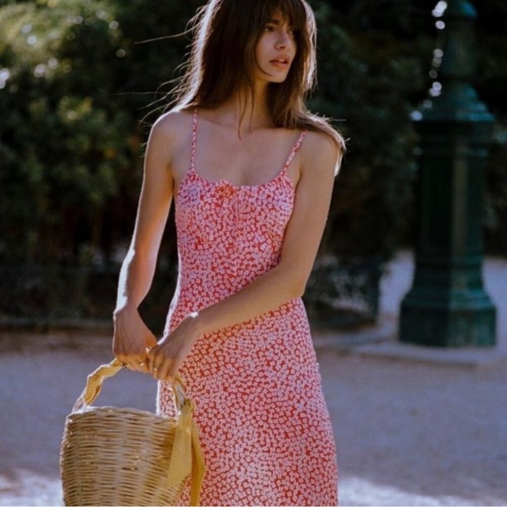 Rouje Daria Red Floral Midi Dress F34 XS